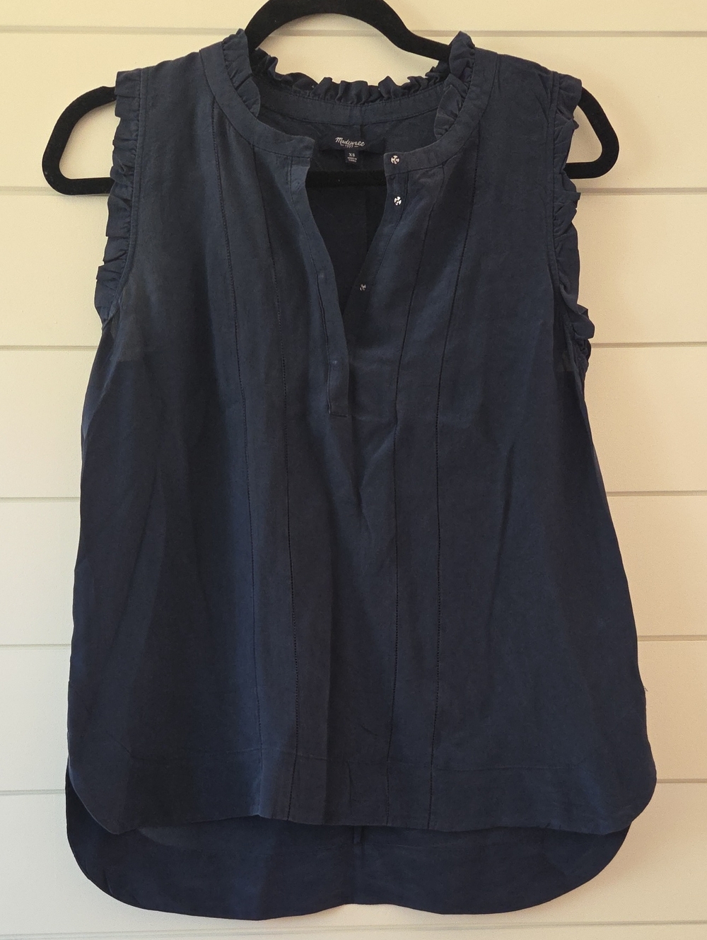 Madewell, Size XS, Sleeveless Silk Navy Ruffle-Trim Top